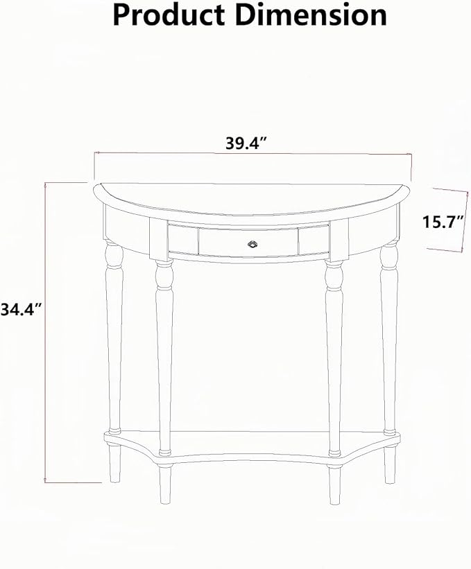 Solid Wood Console Table with Drawer, Semi-Circle Entryway Storage Shelf, Half-Moon Porch Table Side Elegant Vintage Sofa for Living Room (Black (39.4" L x 15.7" W x 34.4" H))