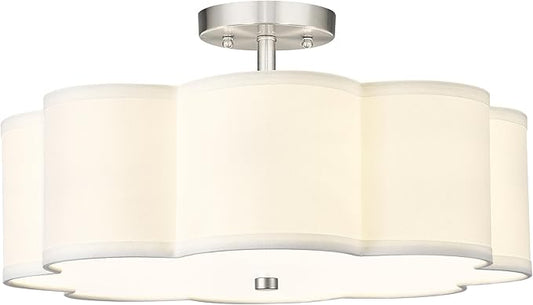 Semi Flush Mount Ceiling Lights, 4-Light 18" Ceiling Light Fixtures with Fabric Shade in Flower Shape, Brushed Nickel Farmhouse Drum Lighting for Nursery Bedroom Kitchen, AD-22009-4SF-SN