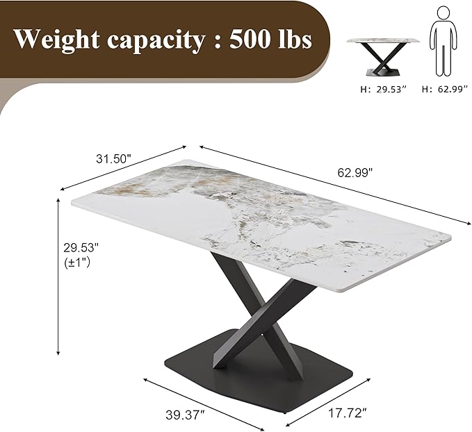 63" Modern Dining Table for 4-6 People, White Sintered Stone Table Top with X-Shape Carbon Steel Pedestal, Large Rectangular Table for Kitchen Living Room