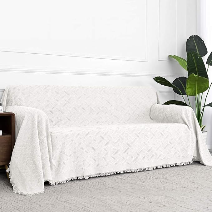 MYSKY HOME White Geometrical Sofa Covers, Sectional Couch Covers for 2 Cushion Couch Couch Cover Living Room Sofa Throws Sofa Slipcovers for Pets, Kids (Large, 71" x 102", White)