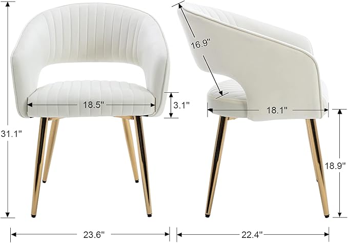 Modern Velvet Dining Chairs Set of 4, Upholstered Gold Dining Room Chairs with Hollow Back, Accent Armrest Kitchen Chairs with Gold Legs for Living Room Reception Beige