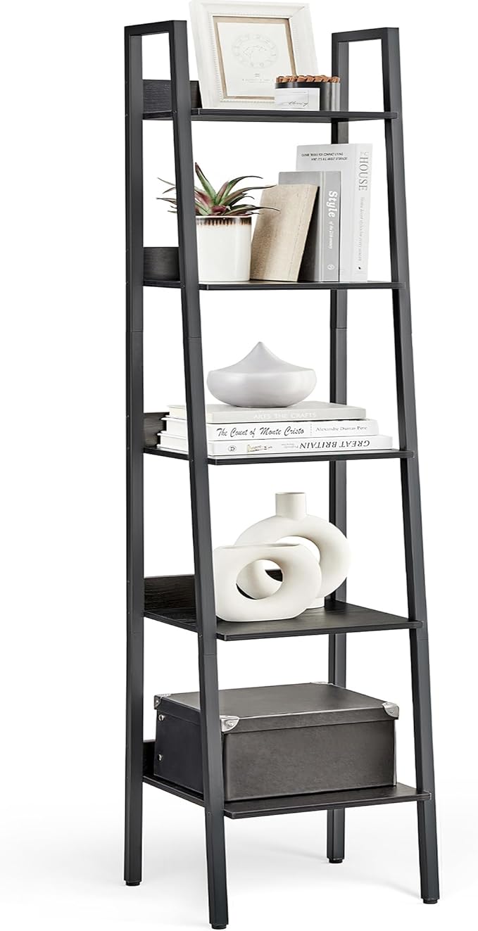 VASAGLE Bookshelf, 5-Tier Narrow Book Shelf, 11.8 x 13.3 x 66.9 Inches, Ladder Shelf for Home Office, Living Room, Bedroom, Kitchen, Ebony Black and Ink Black ULLS109B56