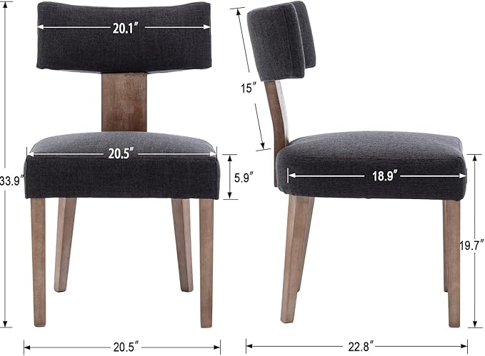 Linen Dining Chairs Set of 6, Modern Dining Chair with Curved Backrest and Wood Legs Upholstered Dining Chairs Farmhouse Dining Room Chairs Kitchen Chairs, Charcoal