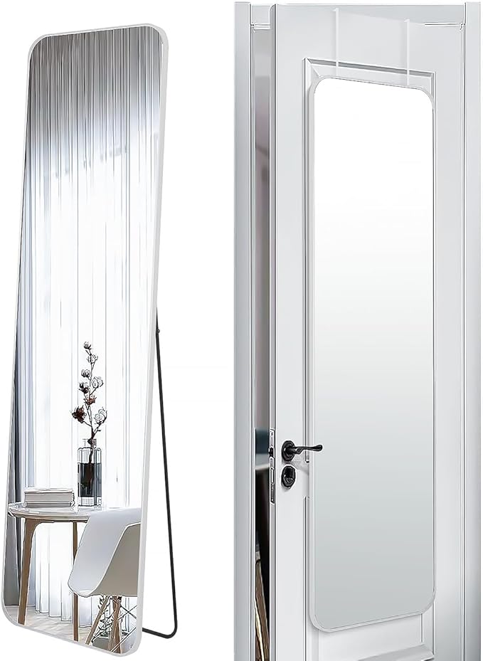 57x16 Door Hanging Full Length Mirror, Floor Stand (Height 5.7ft just Body in1.3ft) Wall Mounted Metal Frame Rectangle Dressing Mirrors for Bedroom Bathroom Room 57 inch Silver