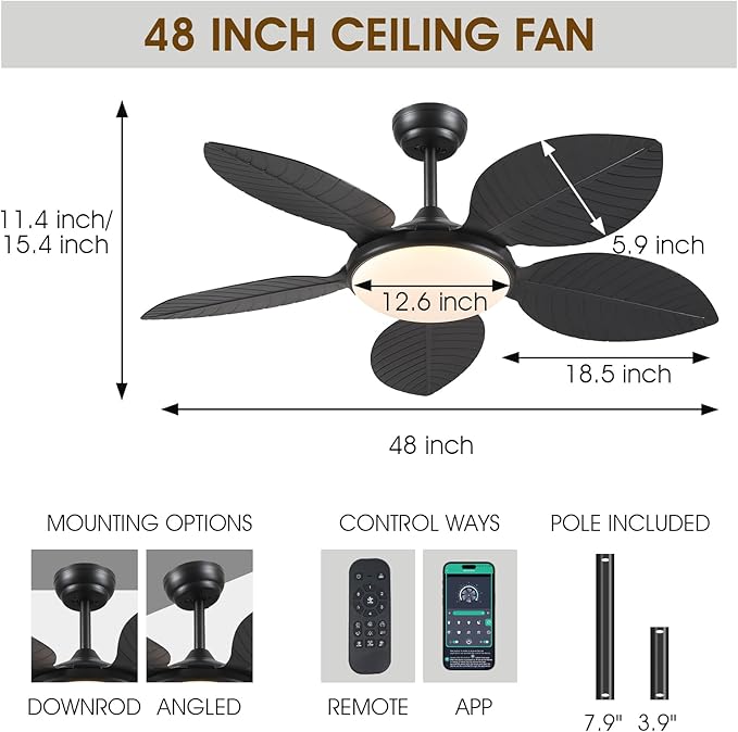 Ceiling Fans with Lights and Remote/APP Control, 48 Inch Tropical Ceiling Fan for Bedroom Living Room, Outdoor Palm Leaf Ceiling Fan for Patios Porch, Dimmable, 6 Speeds, Reversible, Black