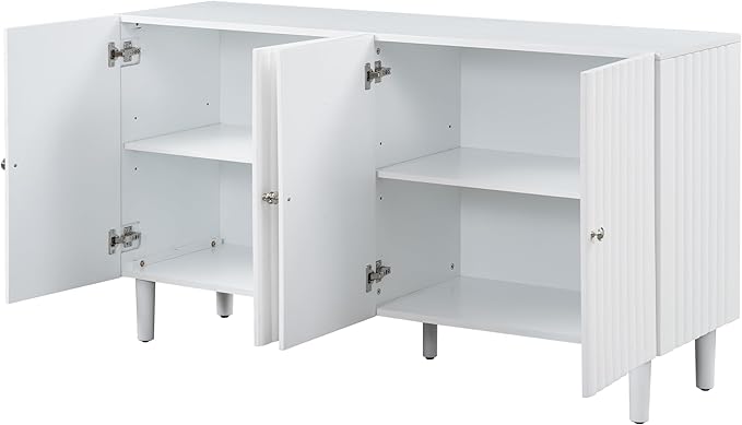 Modern Elegant Sideboard with 4 Wavy Pattern Doors and Cylindrical Legs, 58'' Storage Cabinets with Adjustable Shelves, Accent Entryway Cabinet for Living Room Hallway Kitchen (White-4UV)