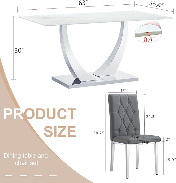 AZmac 63" Modern Dining Table Set for 4, White Dining Room Set for 4, Tempered Glass Kitchen Table and PU Leather Chairs, Marble Pattern Top with Sturdy Silver Chrome Base
