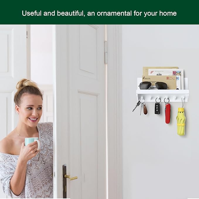 Decorative Acrylic Key Holder - Wall Mount Key Hooks with Shelf, Entryway Key Rack, Mail Organizer, Living Room Decor (White)