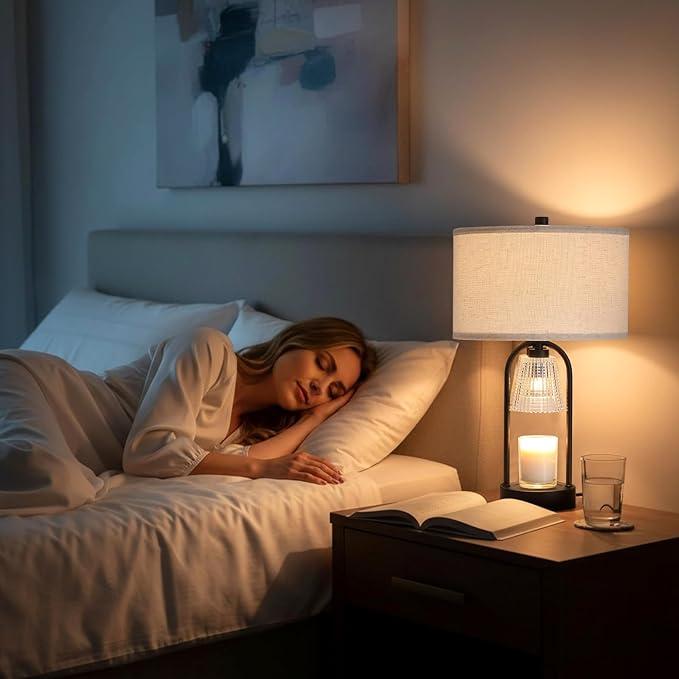 Plug in Black Candle Warmer Lamp with Timer Dimmable, Wax Melts Candle Warmer with Beige Fabric Shade Lamp, Christmas Birthday Gifts for Mom Women Sister, House Warming Gifts Include 3 Bulb