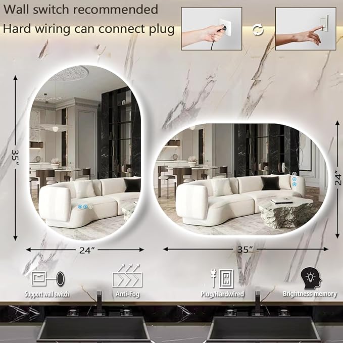 THEKLA 24 x 36 inch LED Oval Backlit Mirror for Bathroom Salon Wall Vertical/Horizontal Mount Makeup Frameless 36 Backlight Oval Lighted Vanity Mirror with Lights Smart Memory 3 Color Dimmable AntiFog