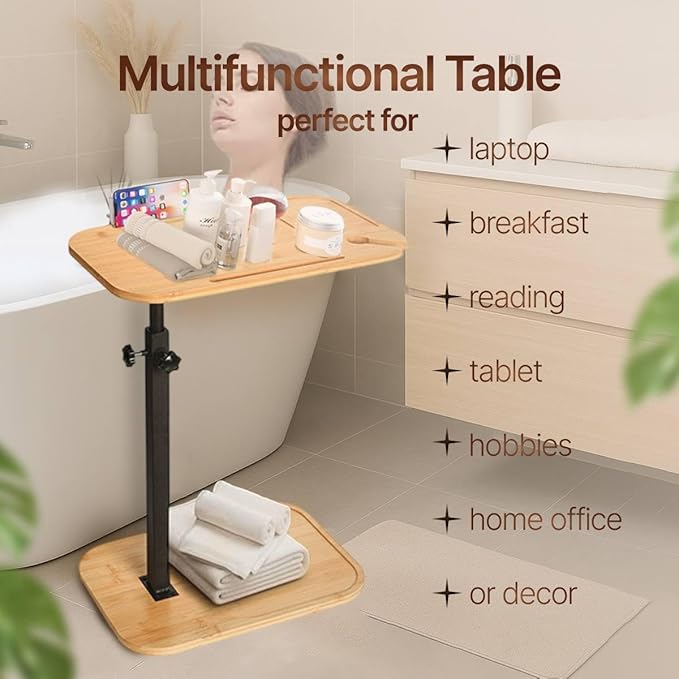 DAVIDOK C-Shaped Sofa End Table, Adjustable Height Couch Side Table with Device Slot, Wood Color with Black Metal Stand, Couch Table for Living Room, Bedroom