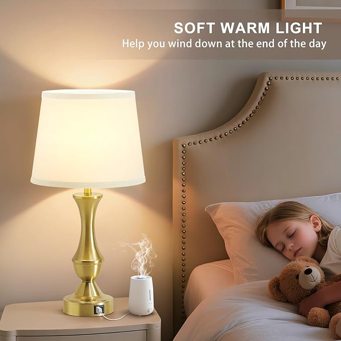 Luvkczc 22" Gold Table Lamps Set of 2 - Modern Luxury Bedside Lamps with White Fabric Shade, Dimmable & Dual USB C+A Ports, Nightstand Lamps for Bedroom/Living Room (Bulb Included)