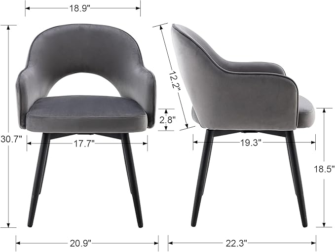 DUOMAY Swivel Dining Chair Set of 2, Velvet Upholstered Side Chair Modern Accent Guest Chair Home Office Desk Chair with No Wheels for Dining Room Living Room Office, Grey