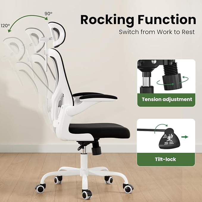Soohow Office Chair, Ergonomic Office Mesh Desk Chair with Adjustable Back Support, High Back Comfy Computer Swivel Chair with Headrest, Lumbar Support for Study Room, Gaming and Office, White Black