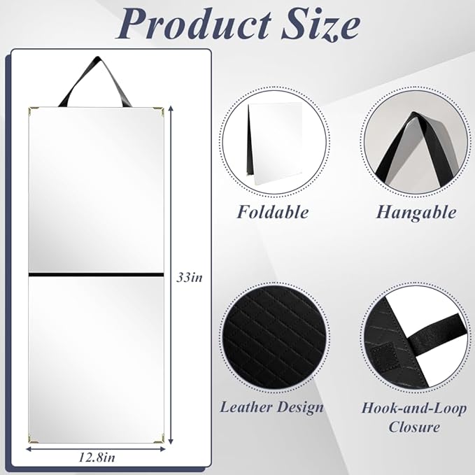 Foldable Portable Full Length Mirror, Hanging Folding Mirror with Handle, Frameless Shatterproof Hanging for Camping, Travel, Dance, RV, Home Fitness, Gift (Black, 33x13 Inch)