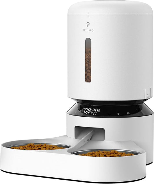 PETLIBRO Automatic Cat Food Dispenser for 2 Pets 5L Auto Dog Feeder Dry Food Dispenser with Splitter & 2 Stainless Bowls, 10s Meal Call and Timer Setting 50 Portions 6 Meals Per Day, Dual Tray Feeder