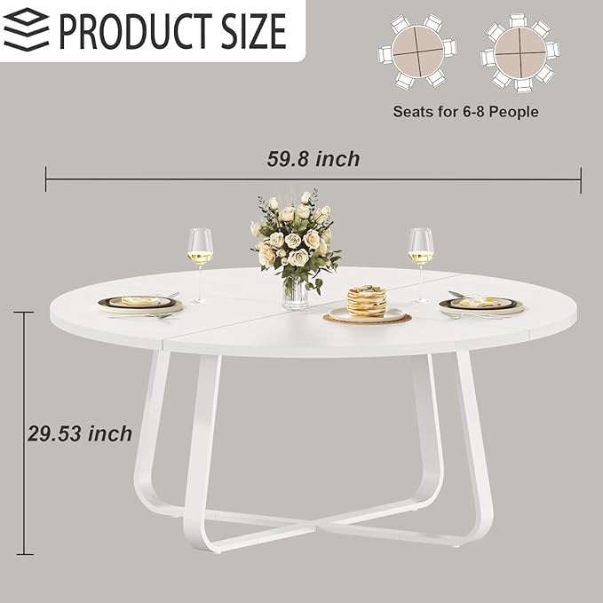 LVB Modern Round Dining Table, Wood Metal Kitchen Tables,Industrial Large Dinner Room Tables for 6 to 8, Circle Dining Room Table for Home Kitchen Living Room,White Oak,60 Inch