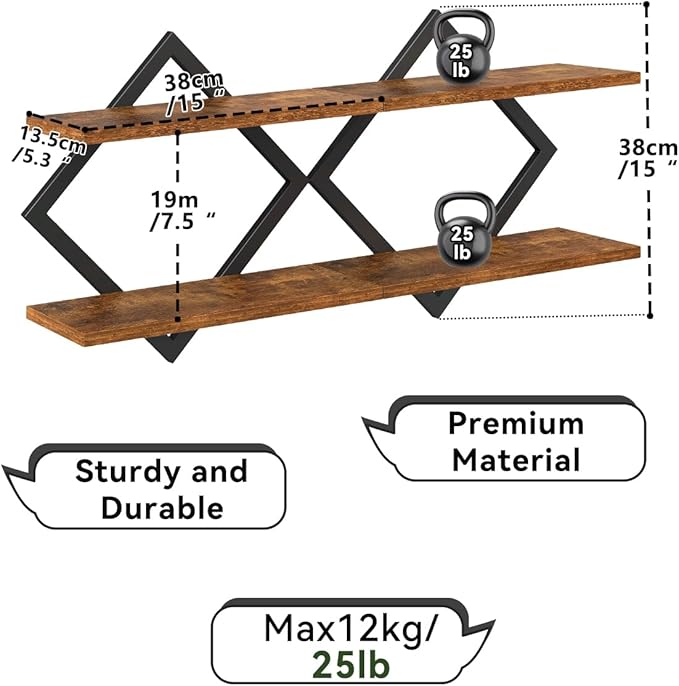 IBUYKE Floating Shelves,15 Inch Wall Shelf Set of 2,Wall Mounted Shelves,2 Tier Hanging Decorative Storage Shelf for Living Room, Bedroom, Bathroom, Kitchen TFS003H-2
