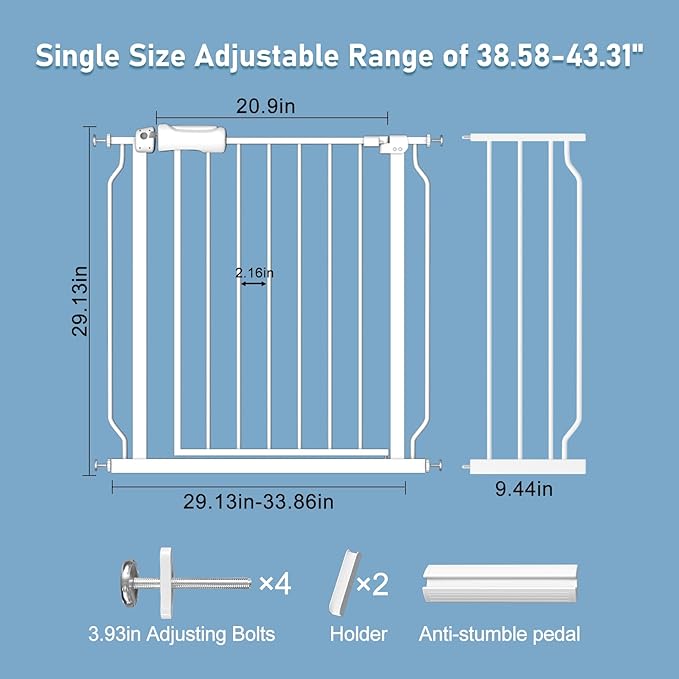 ALLAIBB Extra Wide Pressure Mount Baby Gate Auto Close White Metal Child Dog Pet Safety Gates with Walk Through for Stairs,Doorways,Kitchen and Living Room(38.58-43.31"/98-110cm)