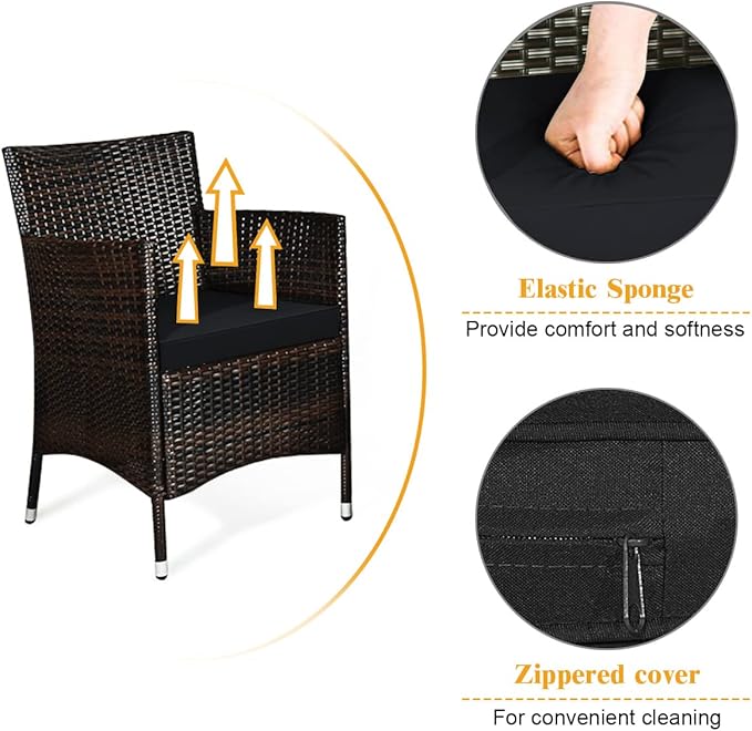 Tangkula 4 Pieces Patio Rattan Conversation Set, Outdoor Wicker Furniture with Tempered Glass Coffee Table & Thick Cushion, Rattan Chair Wicker Set for Garden, Lawn, Poolside and Backyard (1, Black)