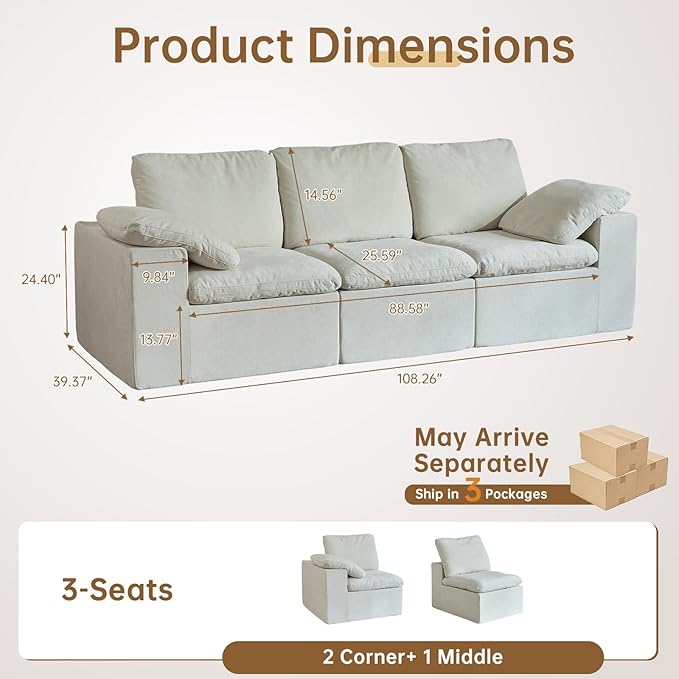 ANONER 108" Cloud-Like Modular Sectional Sofa, Deep Seat with Soft Pillow, 3 Seater Boneless Couch and Breathable Chenille Fabric, Beige