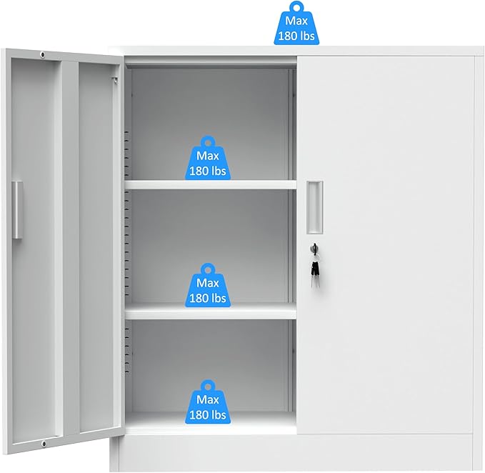 Metal Storage Cabinet with Locking Doors and 2 Adjustable Shelves, Small Lockable Storage Cabinet for Home Office Garage (White)