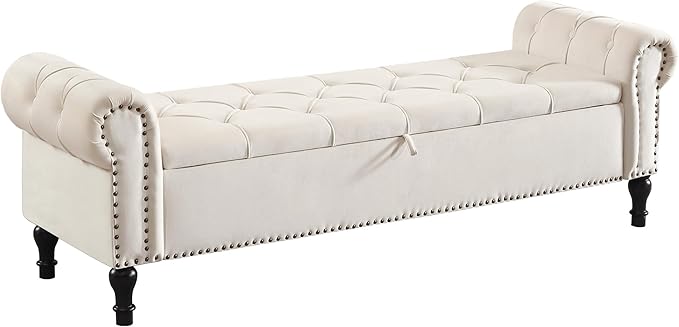 Storage Bed Bench for Bedroom, Velvet 67" End of Bed Benches, King Size Bench with Armrest, Tufted Button Upholstered Ottoman Bench for Living Room, Entryway, Cream Beige