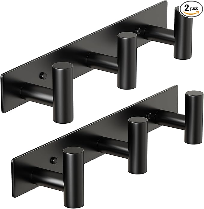 HUFEEOH 2 Pack Coat Hooks Wall Mount, Black T Shaped 3 Hooks Wall Hooks Stainless Steel Coat Hanger Wall Mount, Heavy Duty Towel Hooks Purse Rack for Hanging