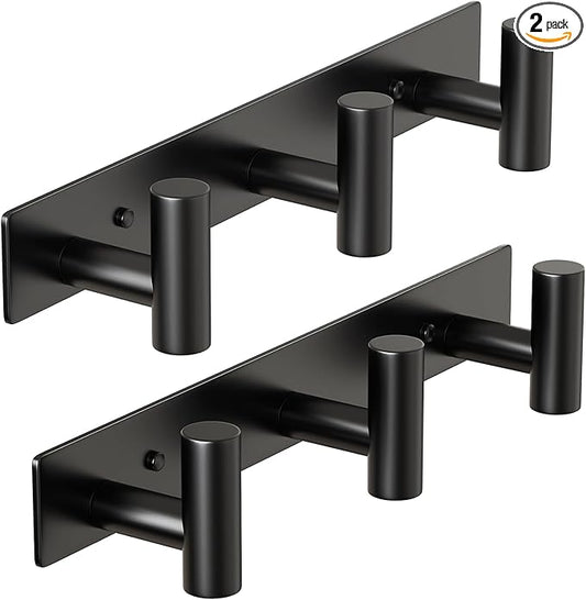 HUFEEOH 2 Pack Coat Hooks Wall Mount, Black T Shaped 3 Hooks Wall Hooks Stainless Steel Coat Hanger Wall Mount, Heavy Duty Towel Hooks Purse Rack for Hanging