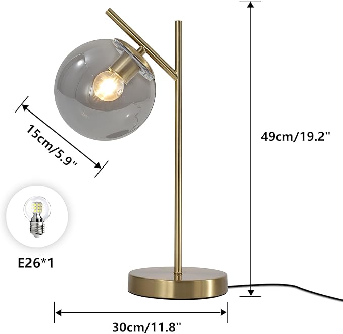Mid Century Desk Lamp, Glass Globe Table Lamp with Gray Glass lampshade, Gold Modern Bedside Lamps for Bedroom Living Room Study Room