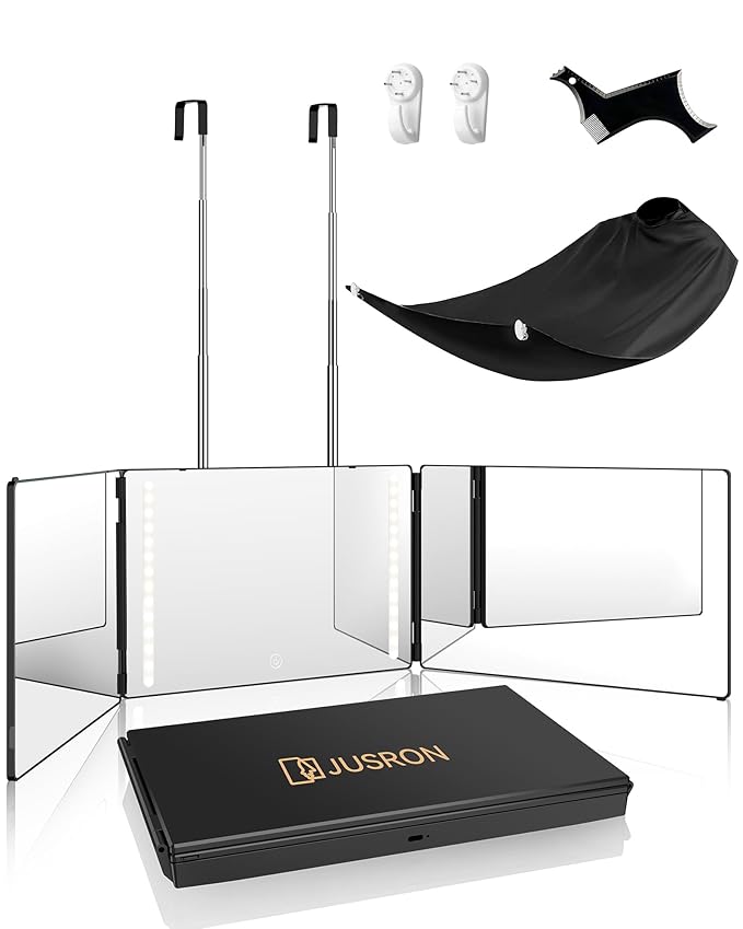 JUSRON 360 Viewing Angle Self Hair Cutting Mirror, Clear Anti-Fog HD Glass (Black with LED with Accessories)