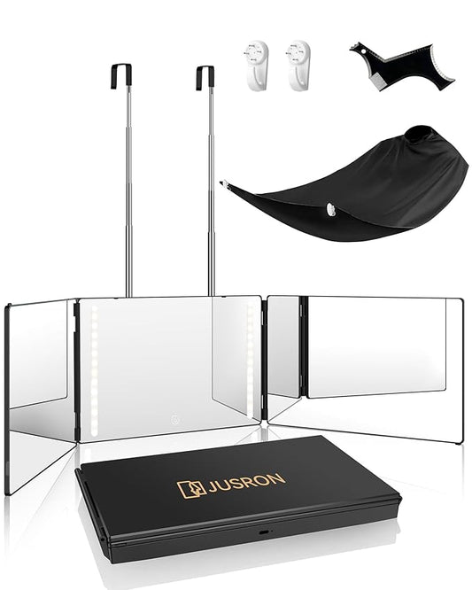JUSRON 360 Viewing Angle Self Hair Cutting Mirror, Clear Anti-Fog HD Glass (Black with LED with Accessories)