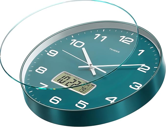 Wall Clock, 13" Dial Non-Ticking Silent Battery Operated Analog with LCD Display for Perpetual Calendar and F° Temperature, Ideal Modern Home, Office Decor (Green)