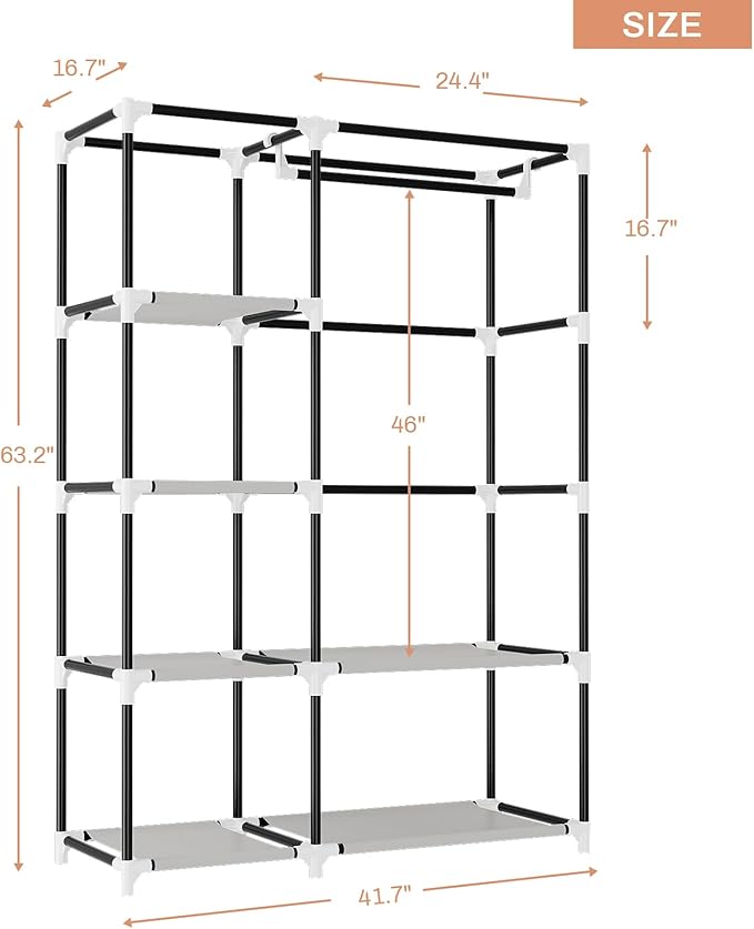 VTRIN Wardrobe Closet, 41.7 Inch Wide Portable Closets for Hanging Clothes with 1 Hanging Rod, 6 Shelves, 6 Pockets, Clothes Rack with Cover Portable Wardrobe Closet for Bedroom, Dorm, Grey