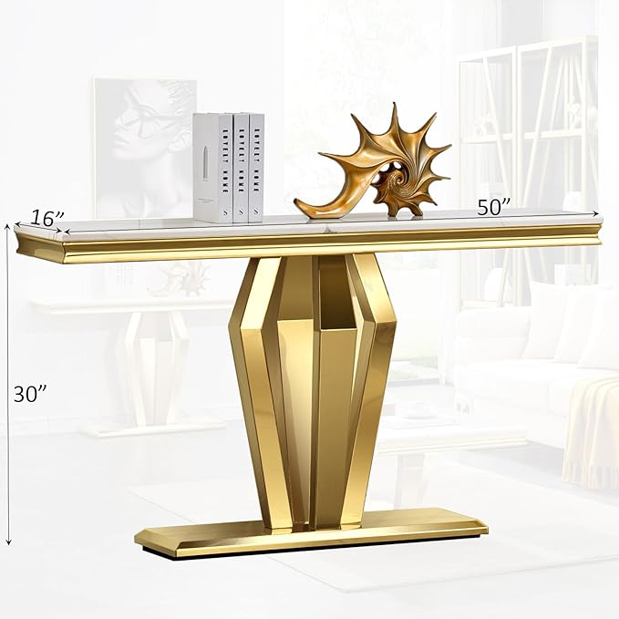 Gold Console Table, White and Gold Sofa Table, 50-inch Entryway Table with Polished Geometric Base for Living Room, Hallway