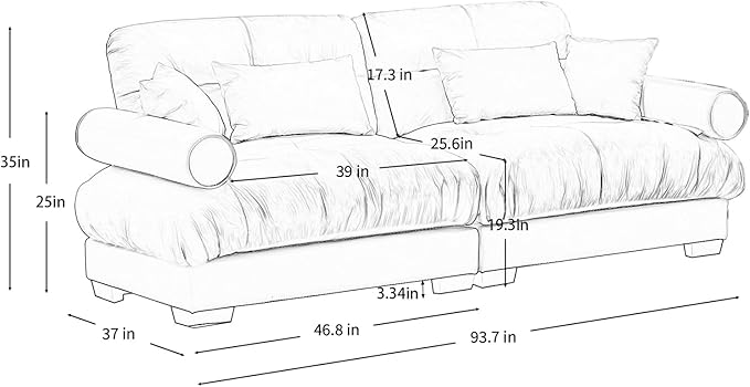 93.7” Oversized Grey Velvet Loveseat Sofa, Deep Seat 2-Seater Modular Sectional Couches for Living Room with 4 Pillows, Cloud Home Sofas Set, Love Seat Couches