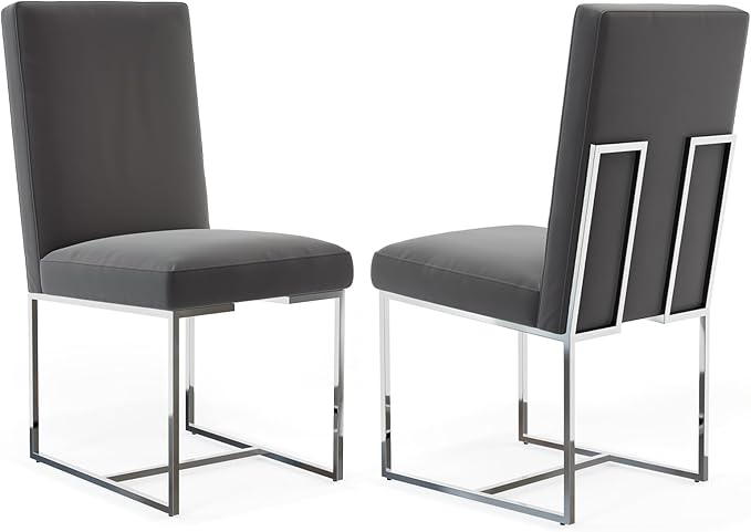 AUZ Dining Chairs, Mid-Century Modern Upholstered Chairs, Gray Faux Leather Dining Room Chairs Set of 2 with Silver Sled Legs