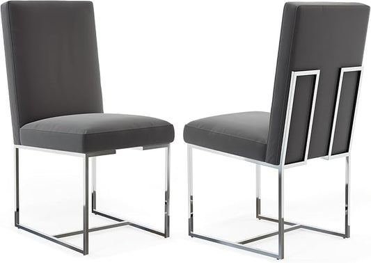AUZ Dining Chairs, Mid-Century Modern Upholstered Chairs, Gray Faux Leather Dining Room Chairs Set of 2 with Silver Sled Legs
