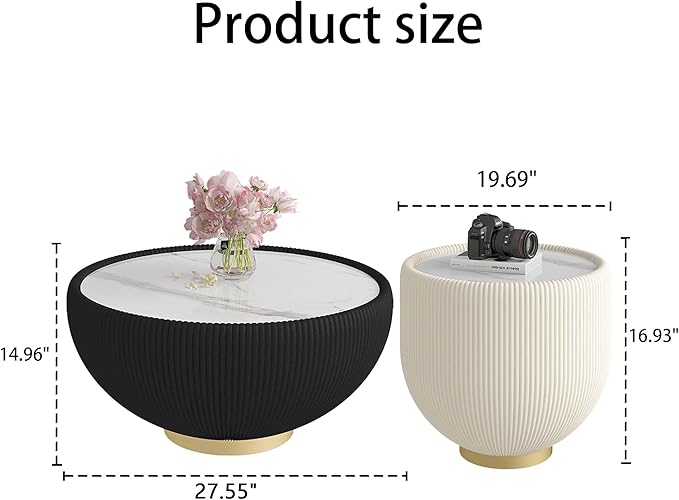 Round Coffee Table Set with Sintered Stone Tabletop, 27.56" Black Drum Center Table and 19.69" White Coffee Table Set, 2 Pieces Living Room Table Set with Fluted PU Leather Cover& Metal Base