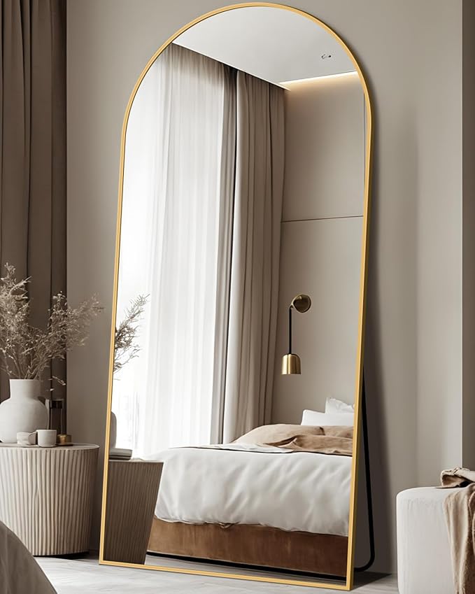 Full Length Mirror, 68"x26" Arched Floor Mirror Freestanding, Floor Standing Full Body Mirror with Stand for Bedroom, Hanging Mounted for Living Room Cloakroom, Gold
