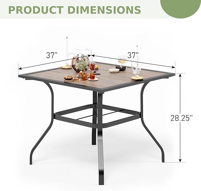 PHI VILLA 37" Square Patio Dining Table Outdoor Furniture Table for Backyard Bistro Garden Deck, Imitation Wood Table Top, 1.57” Umbrella Hole