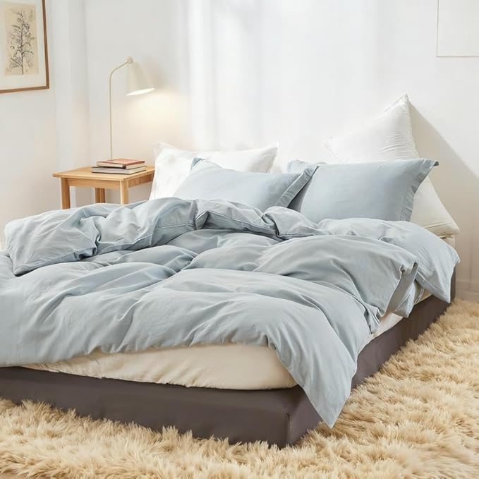 Simple&Opulence French Linen Duvet Cover Set 68" x 86"- 2 Pieces (1 Comforter Cover,1 Pillowcase)- Natural Flax Cotton Blend-Solid Color Breathable Farmhouse Bedding-Dusty Blue, Twin
