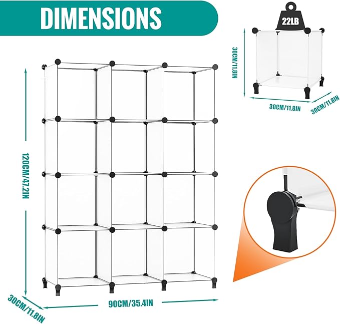 Cube Shelves, 12 Cubby Storage Organizer,DIY Closet Organizers and Storage Shelves for Bedroom,Stackable Closet Shelves for Clothing Storage,Book Shelf, Toy Organizers and Storage, Transparent White