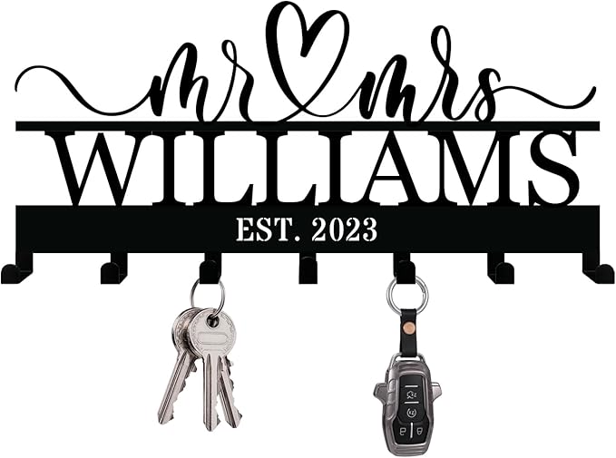 Custom Metal Key Holder for Wall – Personalized Couples Name Key Rack with 7 Hooks for Entryway, Front Door, Kitchen, Bathroom, Living Room, Bedroom, Mr and Mrs Gift