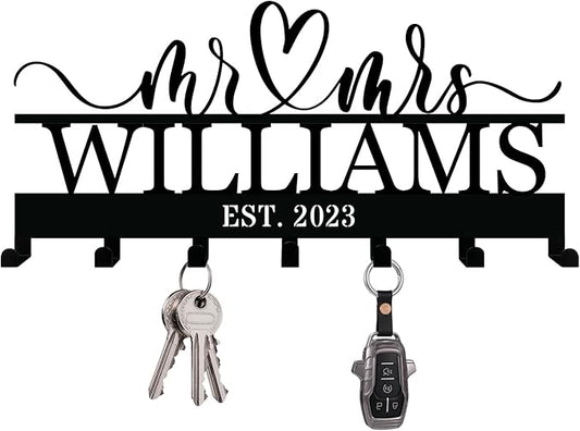 Custom Metal Key Holder for Wall – Personalized Couples Name Key Rack with 7 Hooks for Entryway, Front Door, Kitchen, Bathroom, Living Room, Bedroom, Mr and Mrs Gift