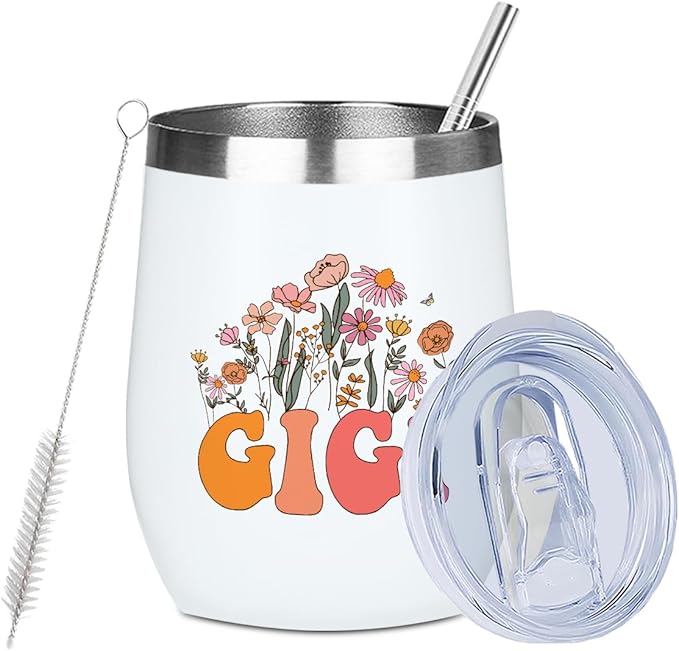 Gigi Grandma Birthday Gifts Wine Tumbler 12 oz Insulated Wine Glass Cup with Lid Straw Vacuum Insulated Travel Cup,Grandma Gifts from Granddaughter for Women Grandmother Christmas Mothers Day