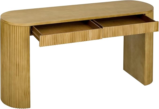 58.2-Inch Console Table with Dual Drawers, Pine Veneer, Natural Wood Grain, Striped Design, Arched Legs, Adjustable Feet for Living Room, Hallway, Foyer