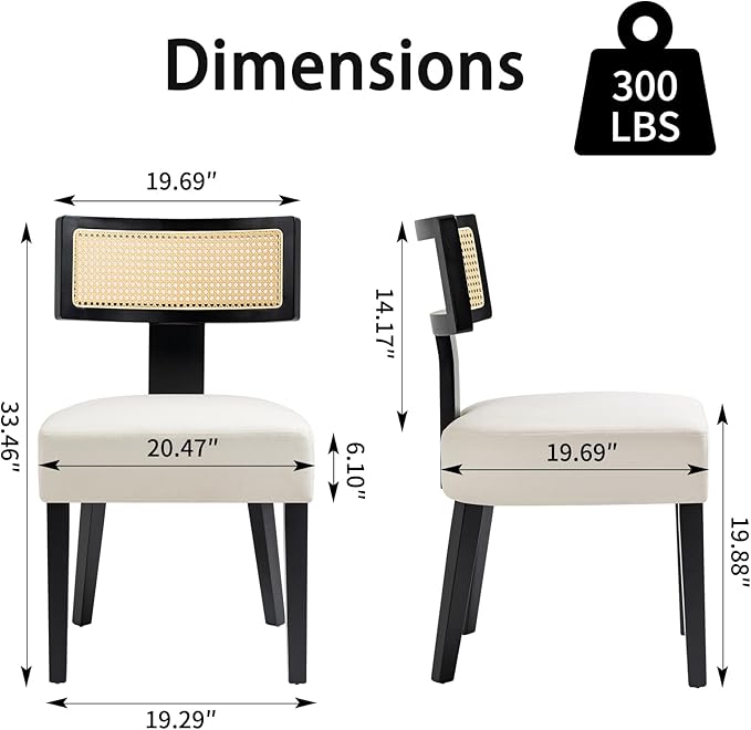 Rattan Dining Chairs Set of 4, Mid-Century Modern Fabric Upholstered Dining Room Chairs with Black Hardwood Frame, Curved Backrest Kitchen Chair Armless Accent Chairs for Dining Room (Cream)