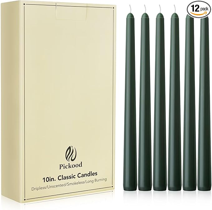 New Burning Formula Unscented Dripless 10-Inch Taper Candles Set of 12 - Dark Green, for Wedding, Dinner - Smokeless, Long Burning - Hand Poured, Colored Tall Candlesticks - Verde Oscuro