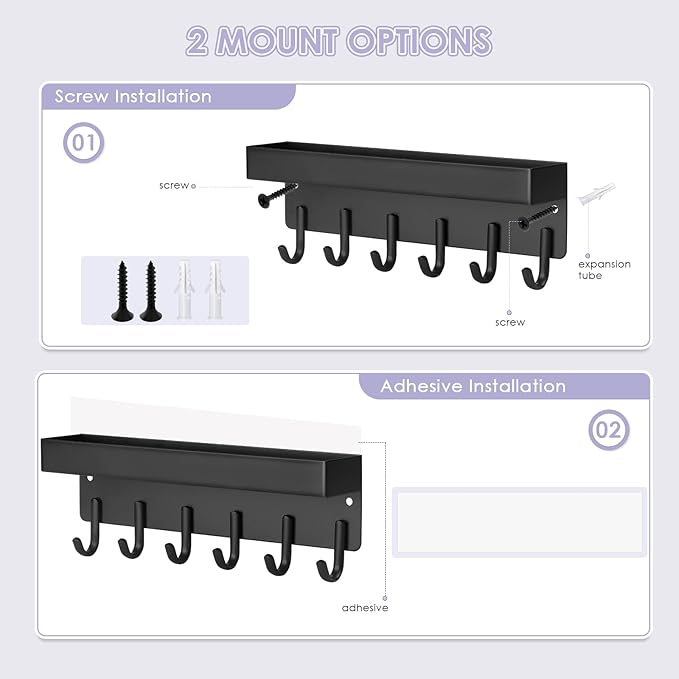 VIS'V Key Holder Wall Mount, Compact Adhesive Key Rack with Tray, 6 Hooks, 2 Mount Options, Black